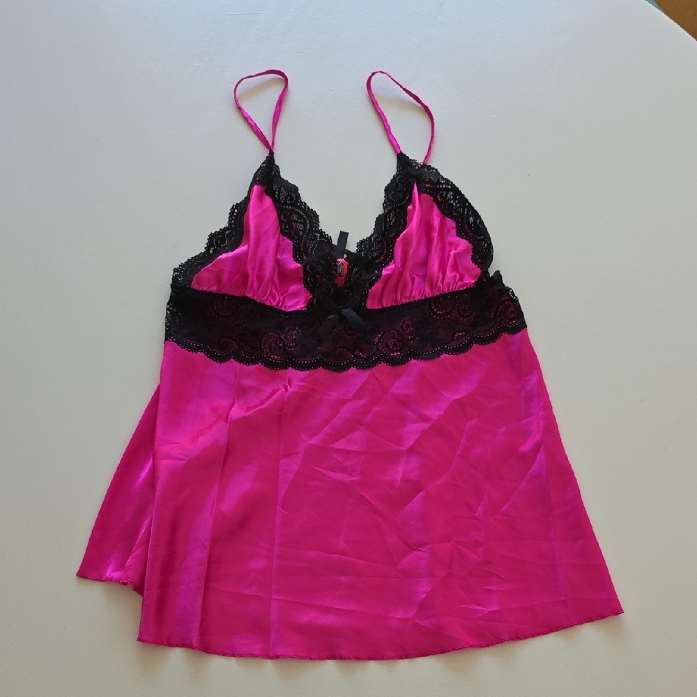 Seven Till Midnight - Lingerie - Pink and Black Lace Trim Chemise